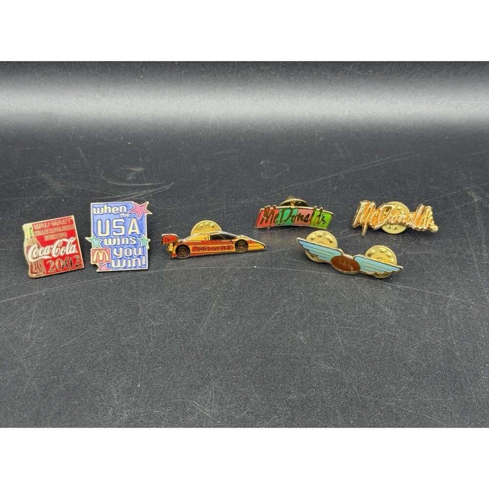 Lot of 6 Vintage McDonald's Crew Pins Coca-Cola, Olympics, Racecar, Airplane